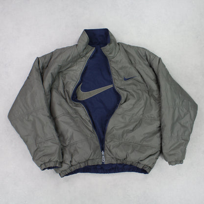 SUPER RARE 1990s Vintage Nike Reversible Padded Jacket Navy/Grey - (M)